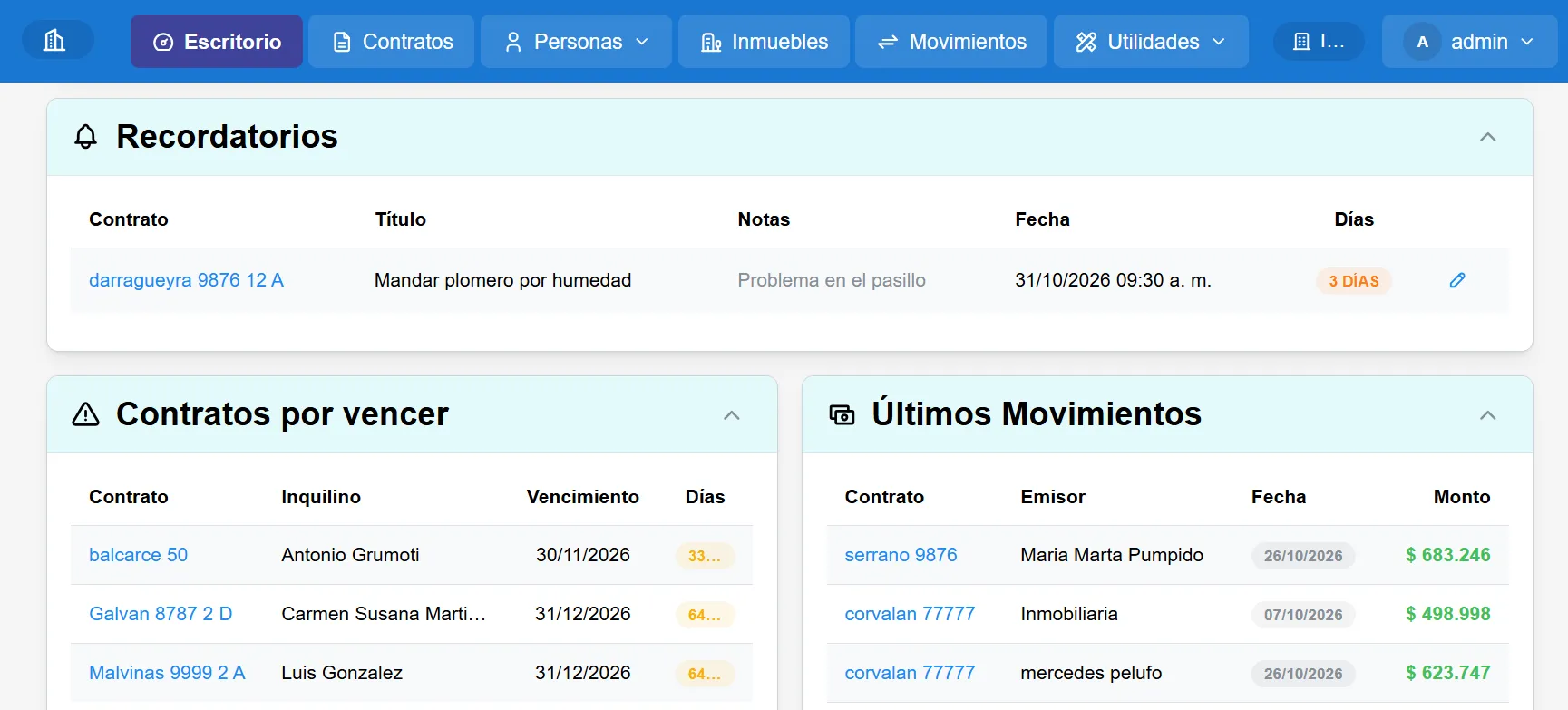 Escritorio del sistema RentaControl: recordatorios, contratos por vencer y últimos movimientos